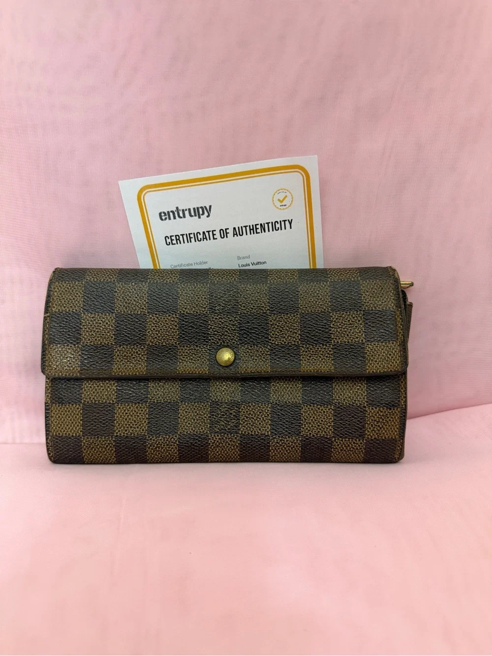 Louis Vuitton Brown Checkered Damier Ebene Continental Wallet with Gold Hardware